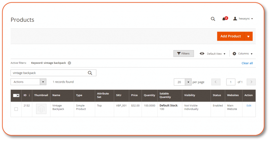 product catalog in magento admin