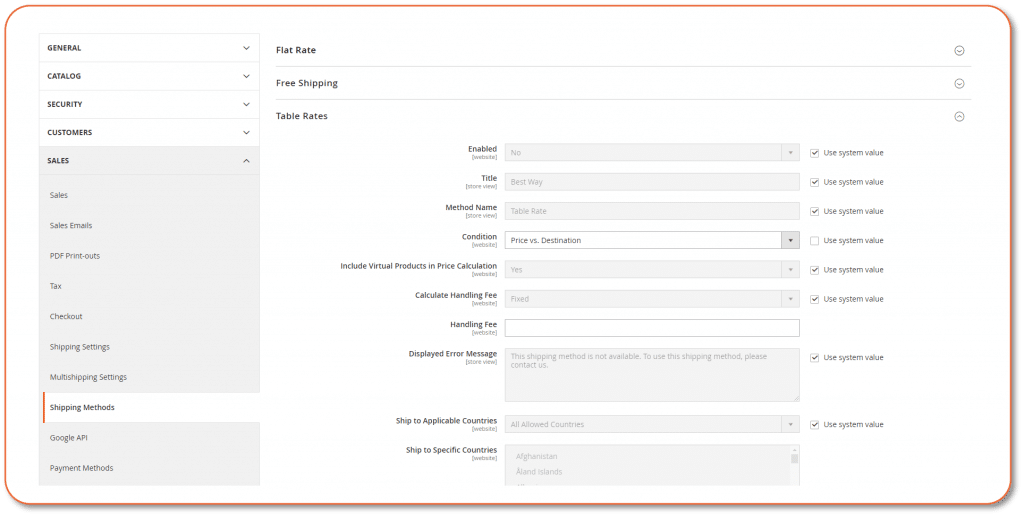 shipping method magento dashboard