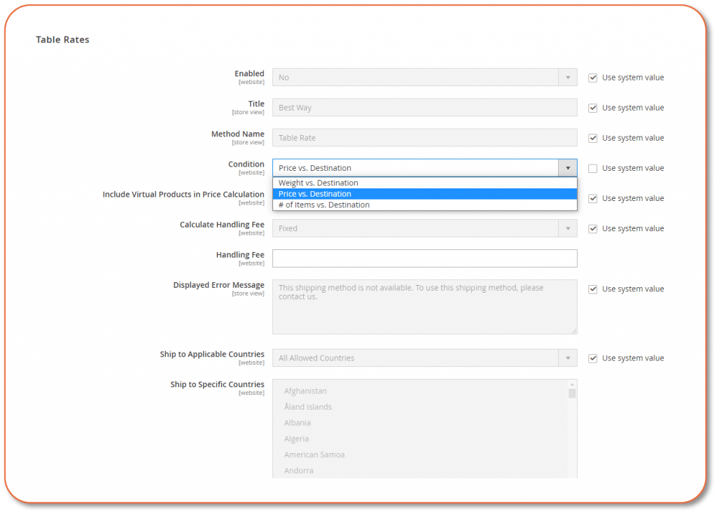 table rates magento dash board