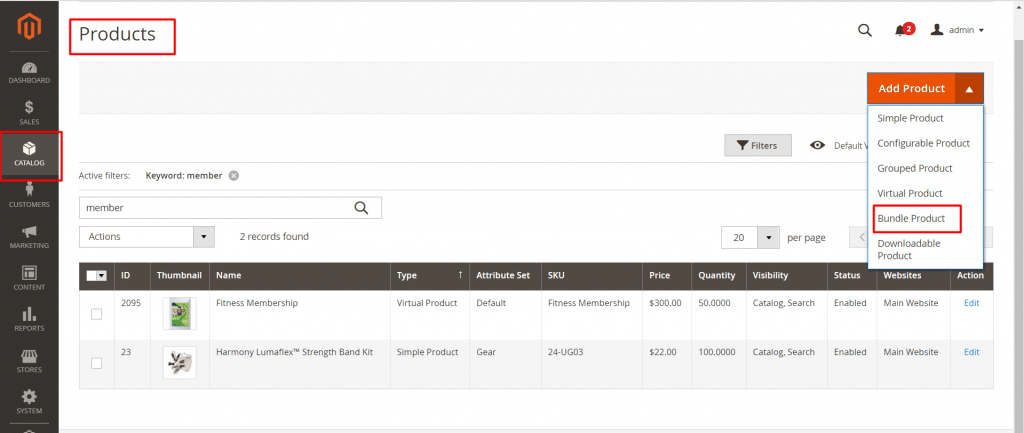 bundle product in magento 2 dashboard 