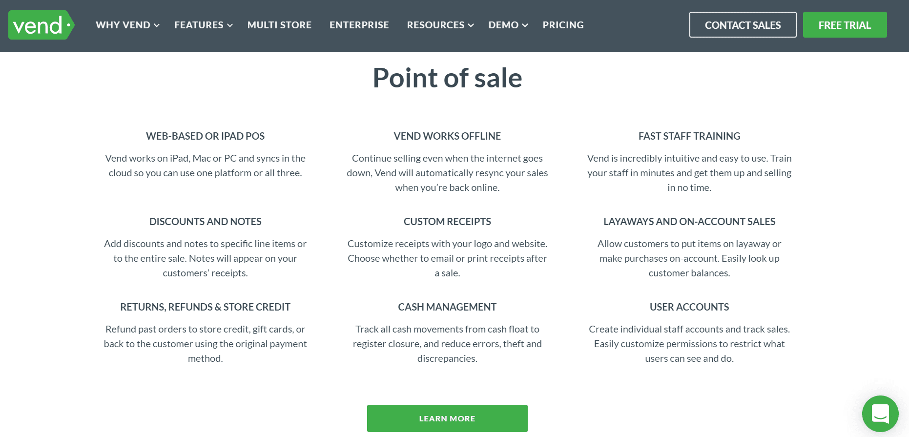 Vend POS features
