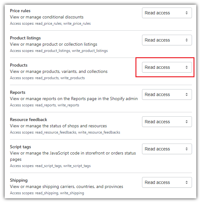 Admin API section shopify