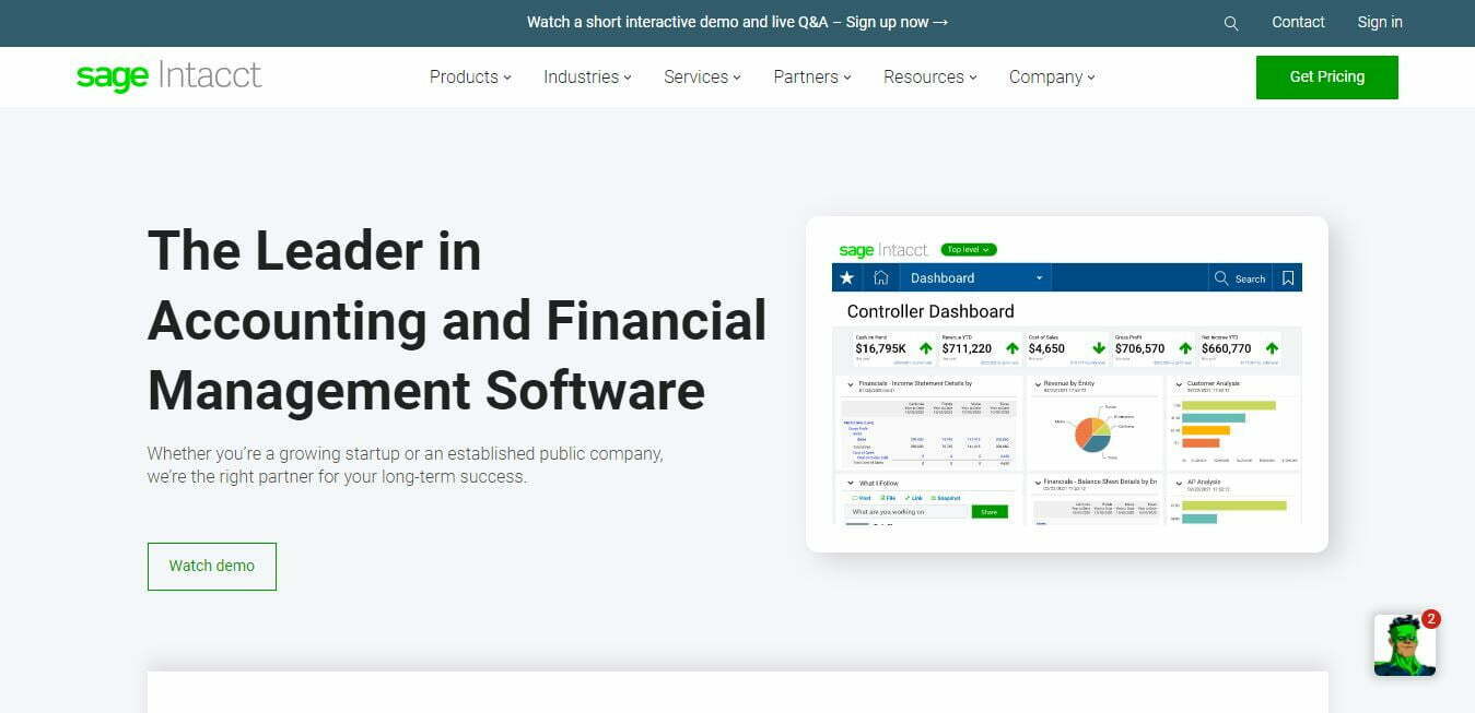 The homepage of Sage Intacct website