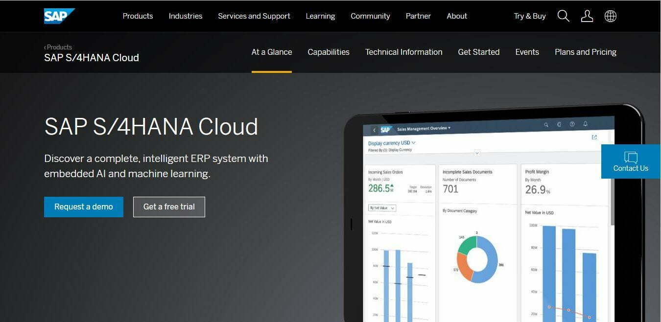 the homepage of SAP S/4 HANA SaaS ERP