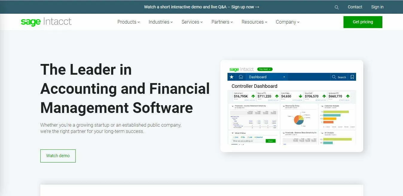 the homepage of Sage Intacct SaaS ERP