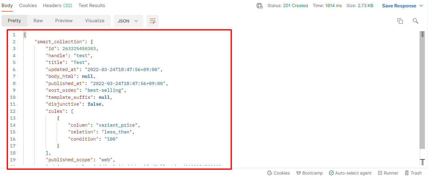 Shopify API 2023 - How to create a smart collection using Postman 3 response_create a smart collection