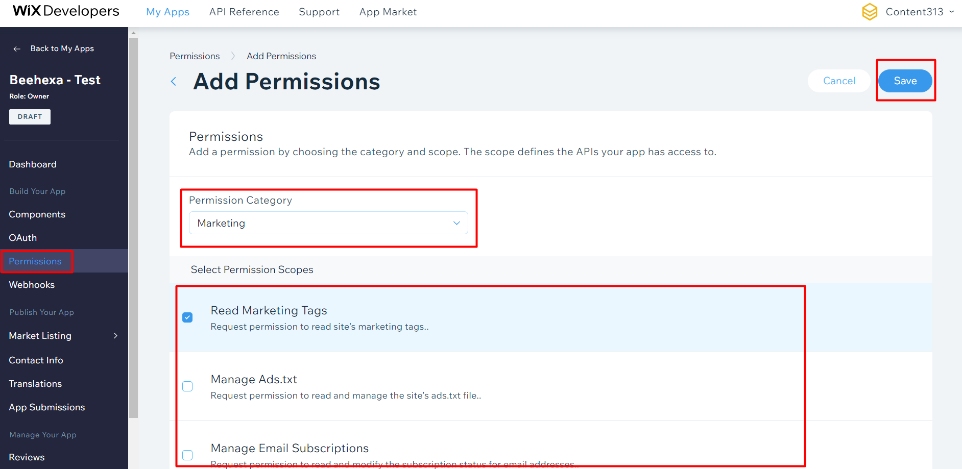 set permissions for your app in wix