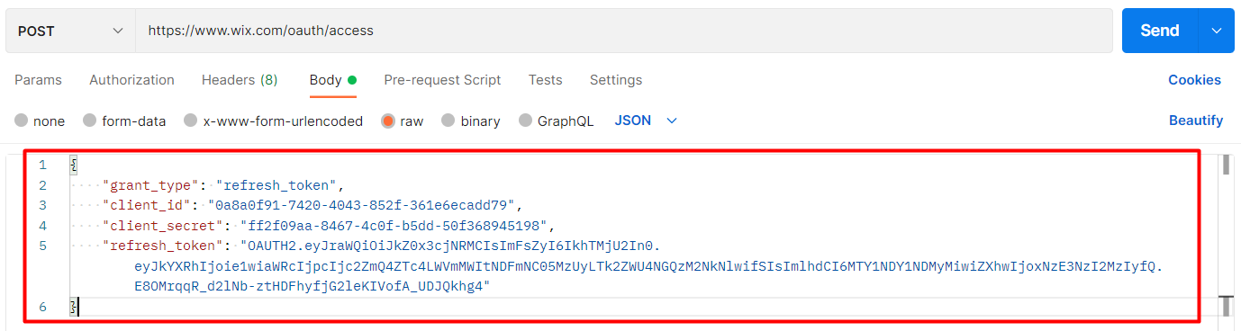 body_refresh the access token using Postman with Wix API