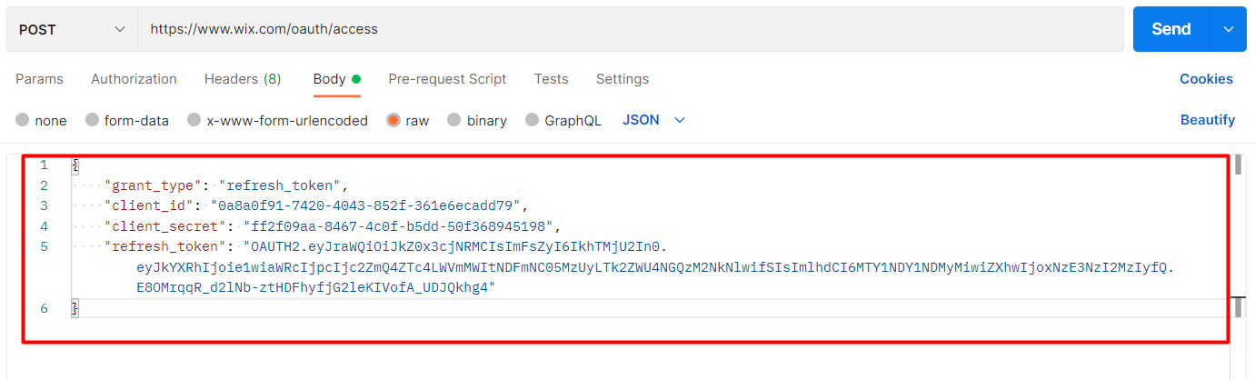 Wix API, How to refresh the access token using Postman_body