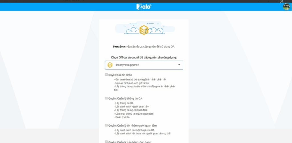 Zalo OA and FreshChat Integration using HexaSync Platform - User Guide 8 zalo authorization step 2