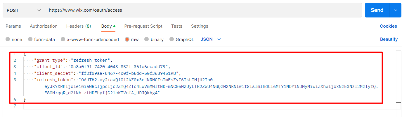 body_get the access token in Wix API