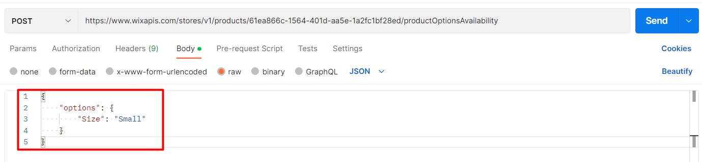 body_Wix API How to get product options available using Postman