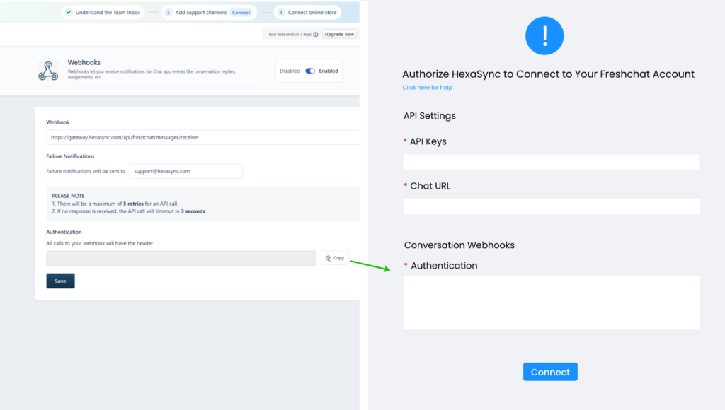 How to Authorize HexaSync to Connect to Your Freshchat Account 9 beehexa webhook 1