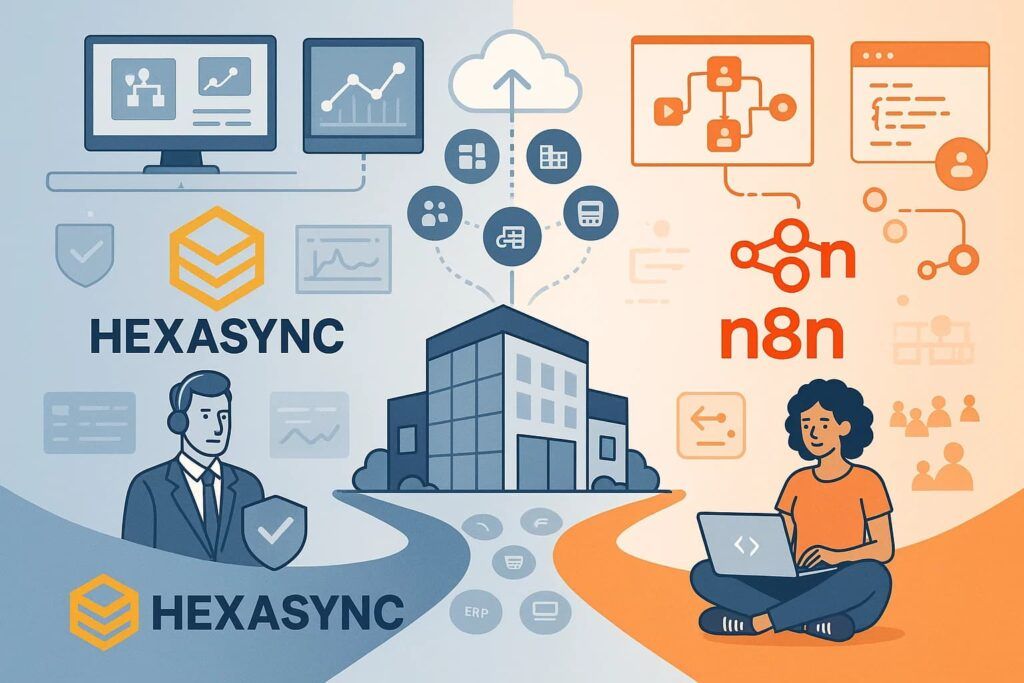 HexaSync vs n8n: Choosing Your Automation Platform – Open Source Flexibility or Enterprise Reliability? 1 A digital illustration comparing HexaSync and n8n integration platforms, depicting two diverging paths from a central modern business. The HexaSync path features blue and silver tones with cloud infrastructure, prebuilt connectors, and a professional support team, symbolizing reliability. The n8n path uses orange and white tones with code snippets, a visual workflow editor, and a developer community, representing flexibility. The image highlights data flow through ERP, CRM, and eCommerce systems, with a clean, modern tech aesthetic.