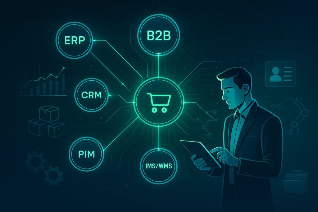 Unlock Your B2B Potential: The Power of Seamless eCommerce Integration with HexaSync 1 Futuristic illustration of a connected B2B eCommerce ecosystem with integrated systems, real-time data, and a buyer using a tablet, symbolizing seamless automation in 2025.
