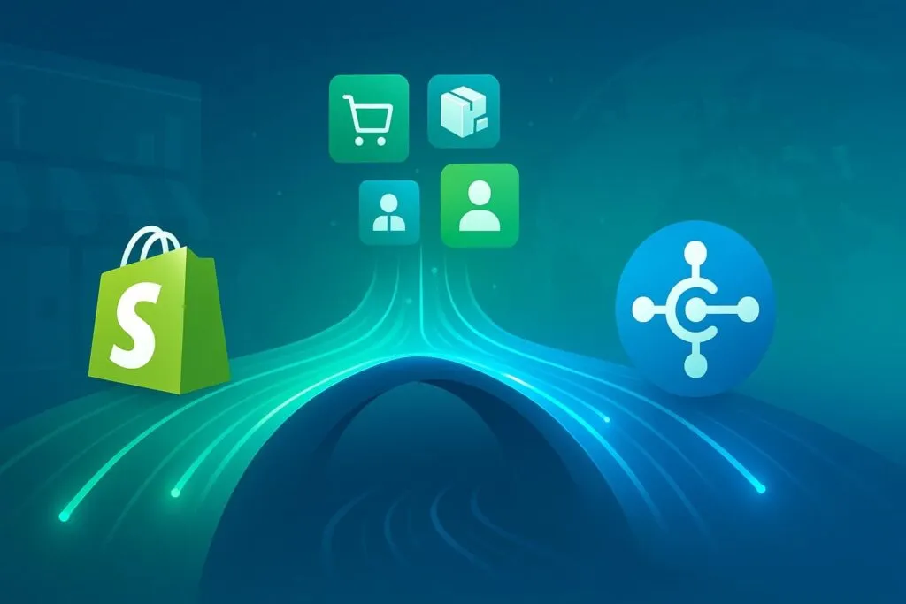 HexaSync Profile – Flexible Shopify & Business Central Integration for Scalable Growth 1 Illustration of HexaSync Profile connecting Shopify and Business Central with seamless data flow of orders, inventory, and customer data