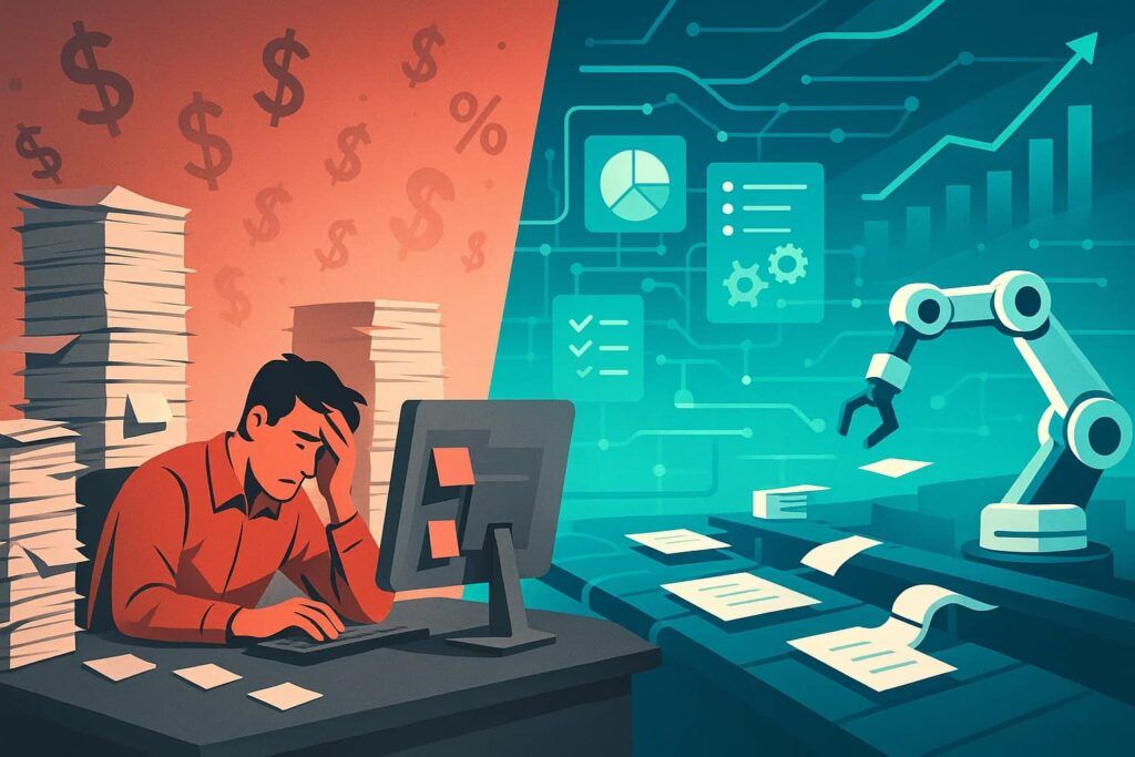 Hidden Costs of Manual Tasks: Mid-Sized Businesses Face $3M+ Annual Drain 1 Illustration contrasting hidden costs manual task inefficiencies with automation, showing a stressed employee with paperwork transitioning to a futuristic office with digital dashboards.