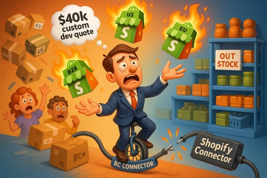 Chaotic multi-store Shopify-BC integration: juggling 3 stores with broken connector vs. unified HexaSync platform solution