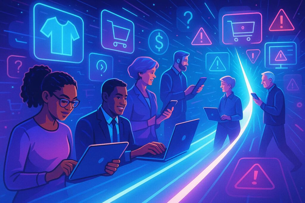 Explore 7 essential sections for buying products online in 2025. Master product details, payments, shipping, and returns with confidence! 1 Futuristic illustration of diverse shoppers browsing an online marketplace on laptops and smartphones, with product icons and a guiding path symbolizing confident online shopping in 2025.