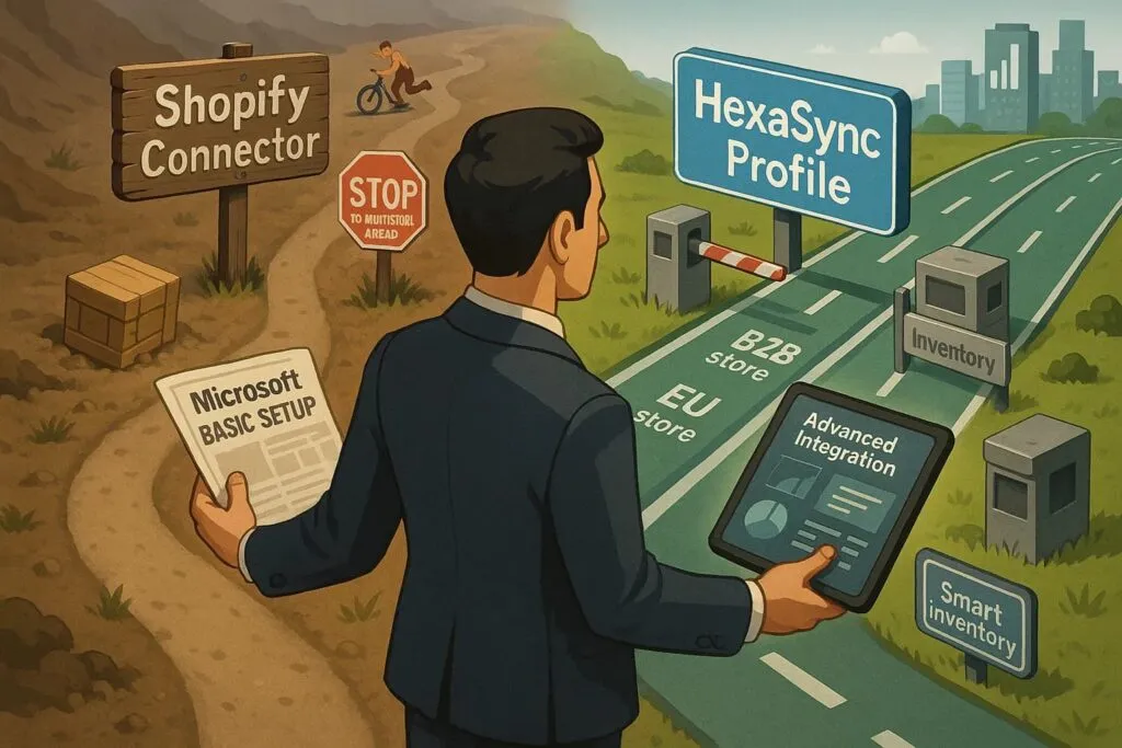 Shopify Connector vs HexaSync Profile: Which Integration Solution Is Right for You? 1 Visual comparison: Limited single-store Shopify Connector (left) vs. multi-store HexaSync integration (right) for Business Central