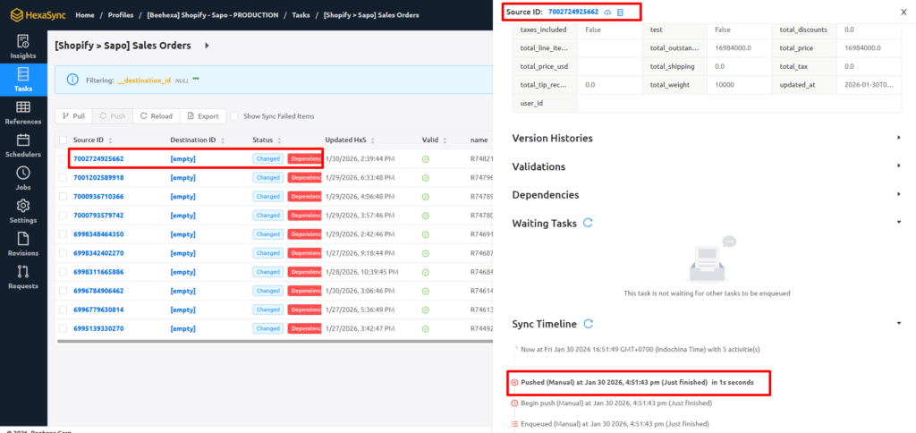Đặc Tả HexaSync Profile Tích Hợp Shopify Và Sapo 12 Hình 12: Lọc và Kiểm tra lịch sử đồng bộ đơn hàng lỗi