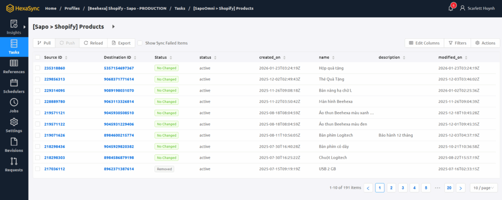 Đặc Tả HexaSync Profile Tích Hợp Shopify Và Sapo 5 Hình 5: Tác vụ Đồng bộ Sản phẩm