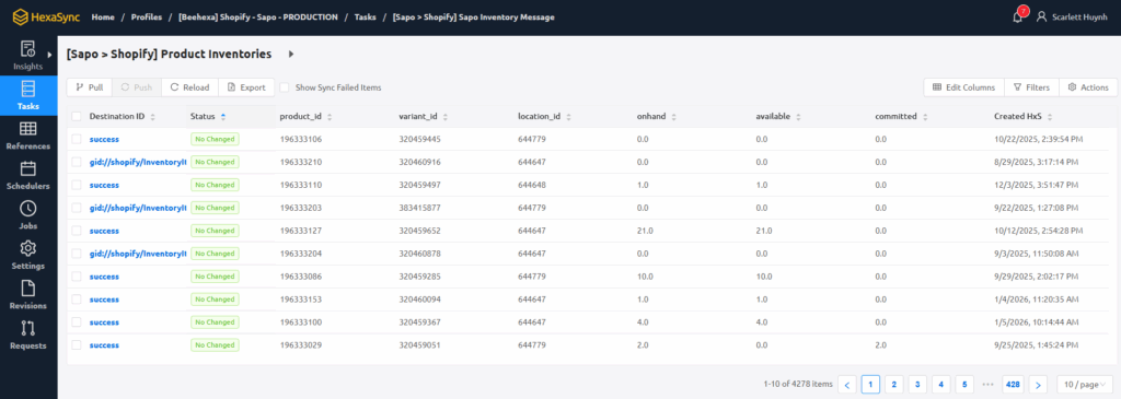 Đặc Tả HexaSync Profile Tích Hợp Shopify Và Sapo 7 Hình 7: Tác vụ Đồng bộ Tồn kho