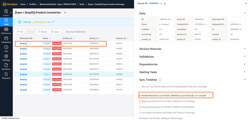 Đặc Tả HexaSync Profile Tích Hợp Shopify Và Sapo 8 Hình 8: Lọc và Kiểm tra lỗi đồng bộ tồn kho