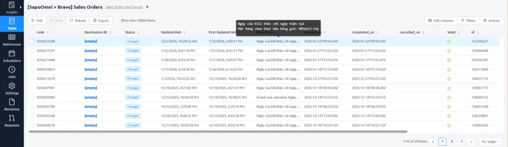 Hình 19. Báo cáo đơn hàng chưa đồng bộ (bao gồm báo cáo lỗi đồng bộ)
