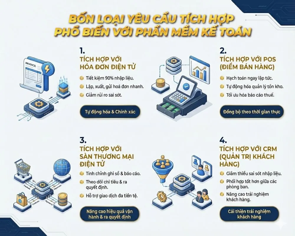 Phần Mềm Kế Toán Là Gì? 5 Bước Tích Hợp Phần Mềm Kế Toán Hiệu Quả. 6 Ảnh 6_ Bốn loại yêu cầu tích hợp phổ biến với phần mềm kế toán