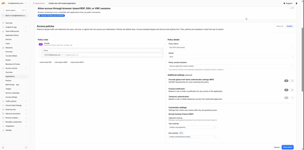 Figure 5 : Set access policies for self-host application