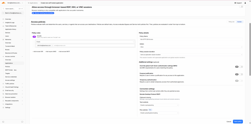 Cloudflare Tunnel Access Guide 4 Figure 4 : Set access policies for self-host application