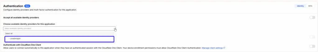 Figure 6: Setup authentication for Cloudflare Access Application